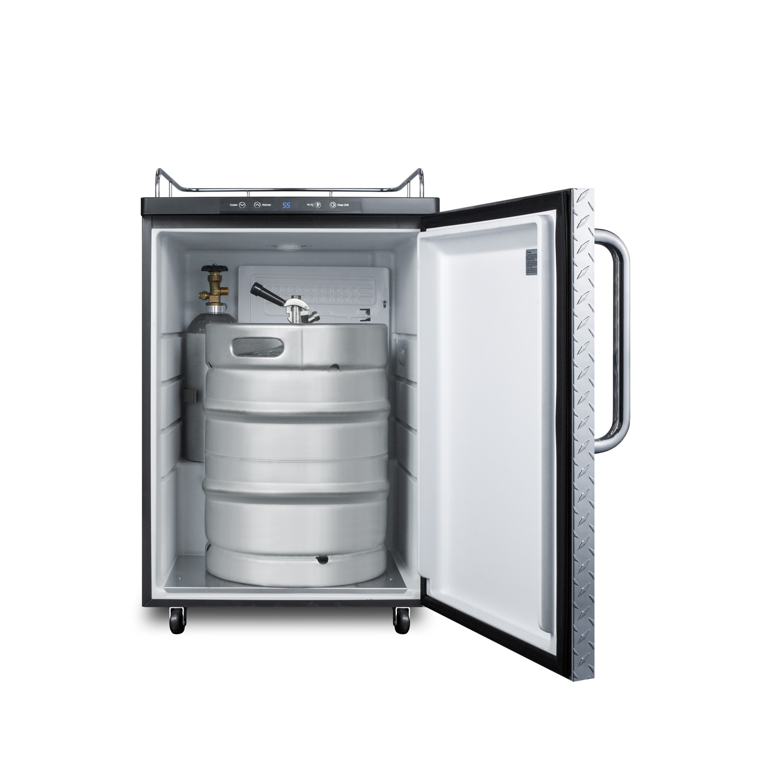 Freestanding residential beer dispenser, auto defrost w/digital thermostat, diamond plate door, TB handle, and black cabinet; no tapping equipment included